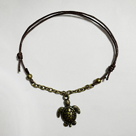 Adjustable Alloy Sea Turtle Charm Bracelets, with Waxed Cotton Cord and Iron Cable Chains, Antique Bronze