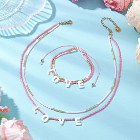 Glass Beaded Double Layer Necklaces & Multi-strand Braceles Sets, with Word Love Natural Shell Beads and 304 Stainless Steel Lobster Claw Clasps for for Valentine's Day