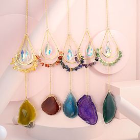 Natural & Synthetic Gemstone Chip Wrapped Moon Hanging Ornaments, Glass Teardrop and Agate Slices Tassel Suncatchers for Home Outdoor Decoration