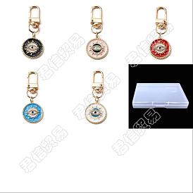5 piezas 5 estilo plano redondo con decoraciones colgantes de esmalte de aleación de ojo malvado, con diamantes de imitación de cristal y cierre giratorio de hierro en tono dorado claro