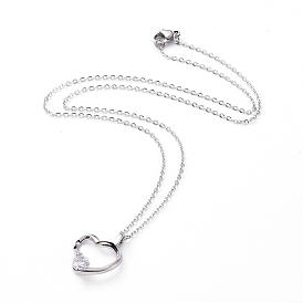 Brass Cubic Zirconia Pendant Necklaces, with 304 Stainless Steel Cable Chains and Lobster Claw Clasps, with Cardboard Packing Box, Heart
