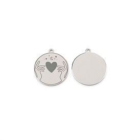 304 Stainless Steel Pendants, Flat Round with Heart Pattern