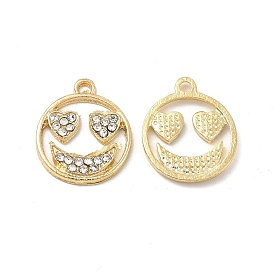 Alloy Crystal Rhinestone Pendants, Flat Round Charms with Smiling Face, Nickel