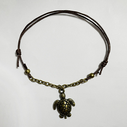 Adjustable Alloy Sea Turtle Charm Bracelets, with Waxed Cotton Cord and Iron Cable Chains, Antique Bronze