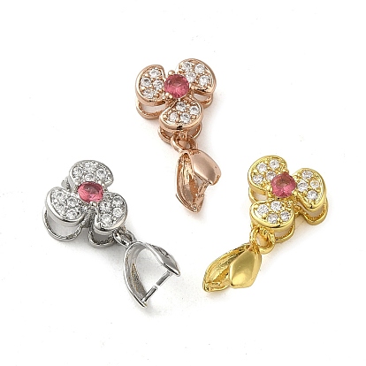 Rack Plating Brass Micro Pave Clear Cubic Zirconia Ice Pick Pinch Bails, Long-Lasting Plated, Lead Free & Cadmium Free, Flower