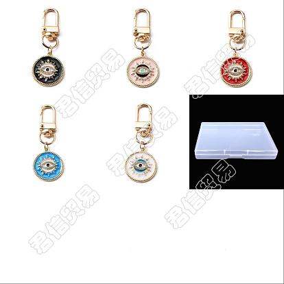 5 piezas 5 estilo plano redondo con decoraciones colgantes de esmalte de aleación de ojo malvado, con diamantes de imitación de cristal y cierre giratorio de hierro en tono dorado claro