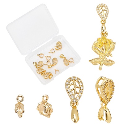 12Pcs 2 Style Brass & Brass Micro Pave Cubic Zirconia Ice Pick Pinch Bails, Long-Lasting Plated, Leaf
