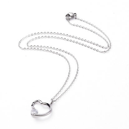 Brass Cubic Zirconia Pendant Necklaces, with 304 Stainless Steel Cable Chains and Lobster Claw Clasps, with Cardboard Packing Box, Heart