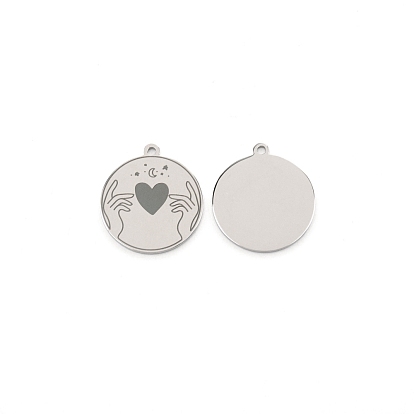 304 Stainless Steel Pendants, Flat Round with Heart Pattern