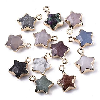 Gemstone Pendants, with Light Gold Plated Edge and Brass Loop, Star, Faceted