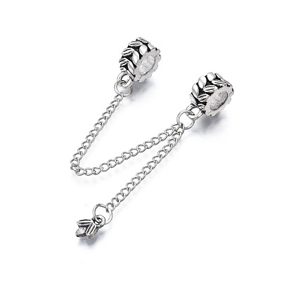 Rack Plating Alloy European Dangle Charms, with Chain, Large Hole Beads, Cadmium Free & Lead Free, Double Flat Round with Leaf