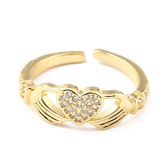 Brass Micro Pave Cubic Zirconia Cuff Rings, Open Rings, Heart, Real 18K Gold Plated