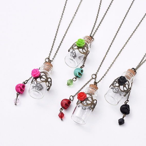 Colliers pendants, avec des perles de howlite synthétiques crâne, rose perles de résine de fleurs, bouteilles en verre et chaînes câblées en laiton plaqué bronze antique, pour la fabrication de colliers de fioles de sang
