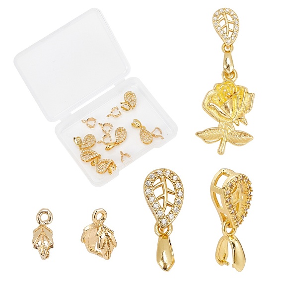 12Pcs 2 Style Brass & Brass Micro Pave Cubic Zirconia Ice Pick Pinch Bails, Long-Lasting Plated, Leaf