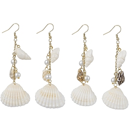 Bohemian Style Natural Shell Dangle Earrings with Glass Pearl Beads, 304 Stainless Steel Long Drop Earrings
