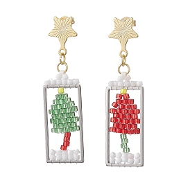 201 Stainless Steel Dangle Stud Earring, with Seed Glass, Christmas Tree