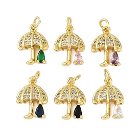 Rack Plating Brass Micro Pave Cubic Zirconia Pendants, Long-Lasting Plated, Lead Free & Cadmium Free, with Jump Ring, Umbrella Charms