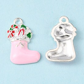 Alloy Enamel Pendants, Cadmium Free & Lead Free, Christmas Stockings for Holiday Jewelry Making, Silver Color Plated, 23x14x2.5mm, Hole: 2mm