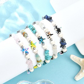 5 шт. 5 стили браслеты на лодыжку с бусинами из окрашенной синтетической бирюзы, морской звезды, натурального белого лунного камня, лазурита, цветочного амазонита и розового кварца с 304 цепочками на концах из нержавеющей стали, цвет нержавеющей стали