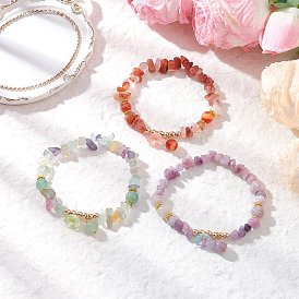 3Pcs Flower Natural Fluorite & Striped Agate & Amethyst Chip & Round Beaded Charm Bracelets, Stretch Bracelets for Women, with Glass