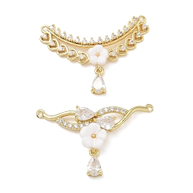 Brass Micro Pave Clear Cubic Zirconia Connector Charms, Flower Links, with Resin