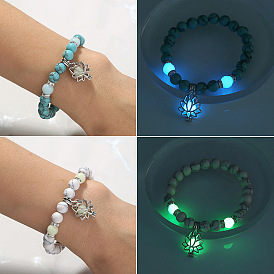 Natural & Synthetic Mixed Stone Round Beaded Stretch Bracelet, Luminous Glow in the Dark Lotus Cage Charms Bracelet