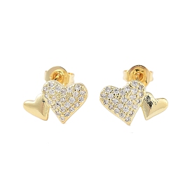 Brass Micro Pave Clear Cubic Zirconia Heart Stud Earrings for Women