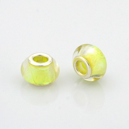 Large Hole Rondelle Resin European Beads, with Silver Color Plated Brass Cores, 14x9mm, Hole: 5mm