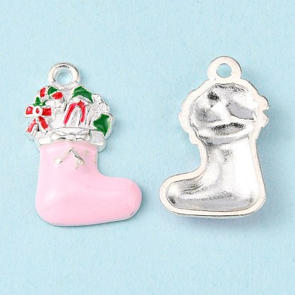 Alloy Enamel Pendants, Cadmium Free & Lead Free, Christmas Stockings for Holiday Jewelry Making, Silver Color Plated, 23x14x2.5mm, Hole: 2mm
