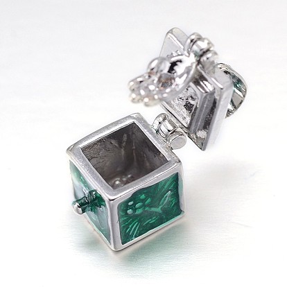 Cube with Flower Pattern Rack Plating Brass Enamel Prayer Box Pendants, Wish Box, 16x10x17mm, Hole: 5x3mm