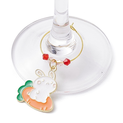Easter Rabbit Alloy Enamel Wine Glass Charms, with Glass Bead and Brass Wine Glass Charm Rings