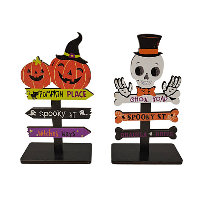 Wooden Ornaments, Ghost Pumpkin Bat Signpost Halloween Table Decoration, Home Decoration