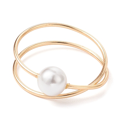 Brass Wire Wrap Criss Cross Finger Ring, Shell Pearl Ring