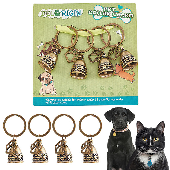 4 брелок с подвеской в виде колокольчика из винтажного сплава, с подвесками в виде лап, для украшения подвески для домашних животных