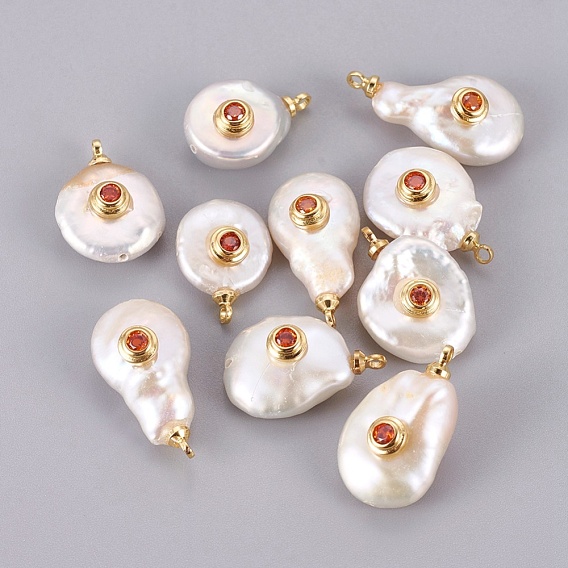 Natural Cultured Freshwater Pearl Pendants, with Brass Micro Pave Cubic Zirconia Cabochons, Long-Lasting Plated