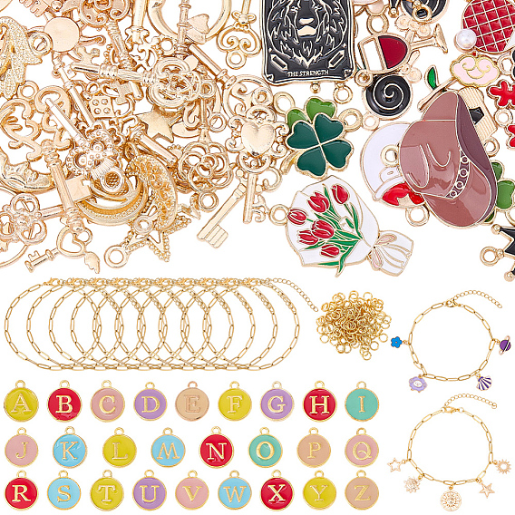 DIY Bracelets Making Kit, Including 10Pcs 304 Stainless Steel Paperclip Chains Bracelets, 96Pcs Alloy Pendants, 200Pcs Brass Open Jump Rings
