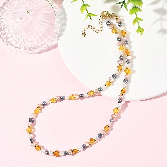 Natural Amber Beads & Cultured Freshwater Pearl Nuggets Beaded Necklaces, Mixed Dyed and Undyed