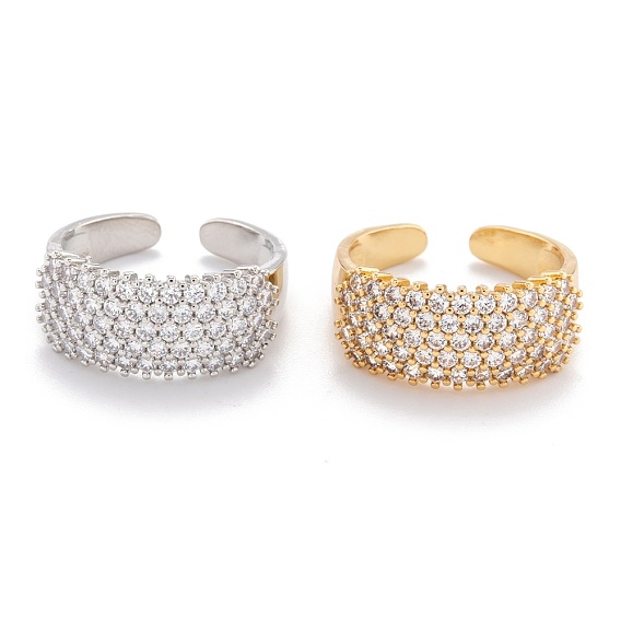 Brass Micro Pave Clear Cubic Zirconia Cuff Rings, Open Rings, Wide Band Rings, Long-Lasting Plated