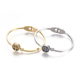 304 Stainless Steel Bangles, with Rhinestone and Resin, Flat Round with Tree of Life