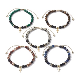 6mm Round Mixed Gemstone Braided Bead Bracelets, Adjustable 304 Stainless Steel Tiny Cross Charm Bracelets