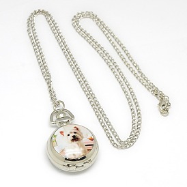 Alloy Porcelain Flat Round Pendant Necklace Pocket Watch, with Iron Chains and Lobster Claw Clasps, Quartz Watch, Platinum, 29.1 inch~32.3 inch, Watch Head: 40x29x14mm