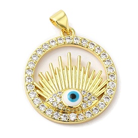 Rack Plating Brass Micro Pave Cubic Zirconia Pendants, with Enamel, Long-Lasting Plated, Lead Free & Cadmium Free, Round Ring with Evil Eye