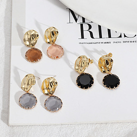 Round Glass Edge Earrings for Women - Fashionable and Versatile S925 Silver with Real Gold Plating
