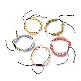 Handmade Polymer Clay Beads Nylon Thread Braided Bead Bracelets, with Brass Heart Links and Ball Chain