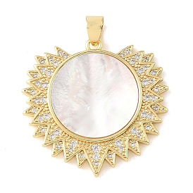 Colgantes de latón con microengaste de circonitas cúbicas transparentes y concha blanca natural., encantos del sol, chapado en rack, larga duración plateado, sin plomo y cadmio