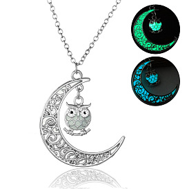 Alloy Moon and Owl Cage Pendant Necklace with Synthetic Luminaries Stone, Glow In The Dark Jewelry for Women