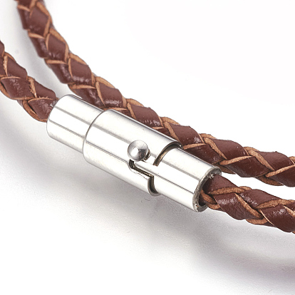 Leather Braided Cord Wrap Bracelets/Necklaces, Two Loops, with 304 Stainless Steel Magnetic Screw Clasps, Column