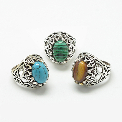 Gemstone Wide Band Finger Rings, with Alloy Ring Findings, Oval, Antique Silver, Size 7~11