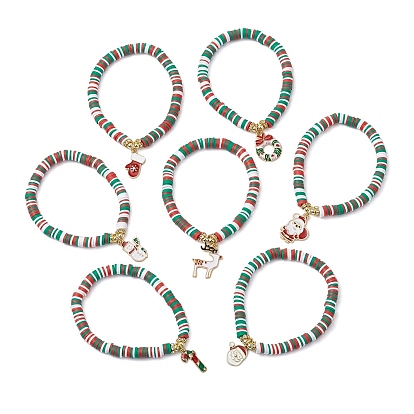 Браслеты из полимерной глины с бусинами, сплав эмали шарм браслеты, Санта-Клаус/снеговик/рождественский венок