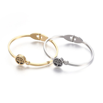 304 Stainless Steel Bangles, with Rhinestone and Resin, Flat Round with Tree of Life